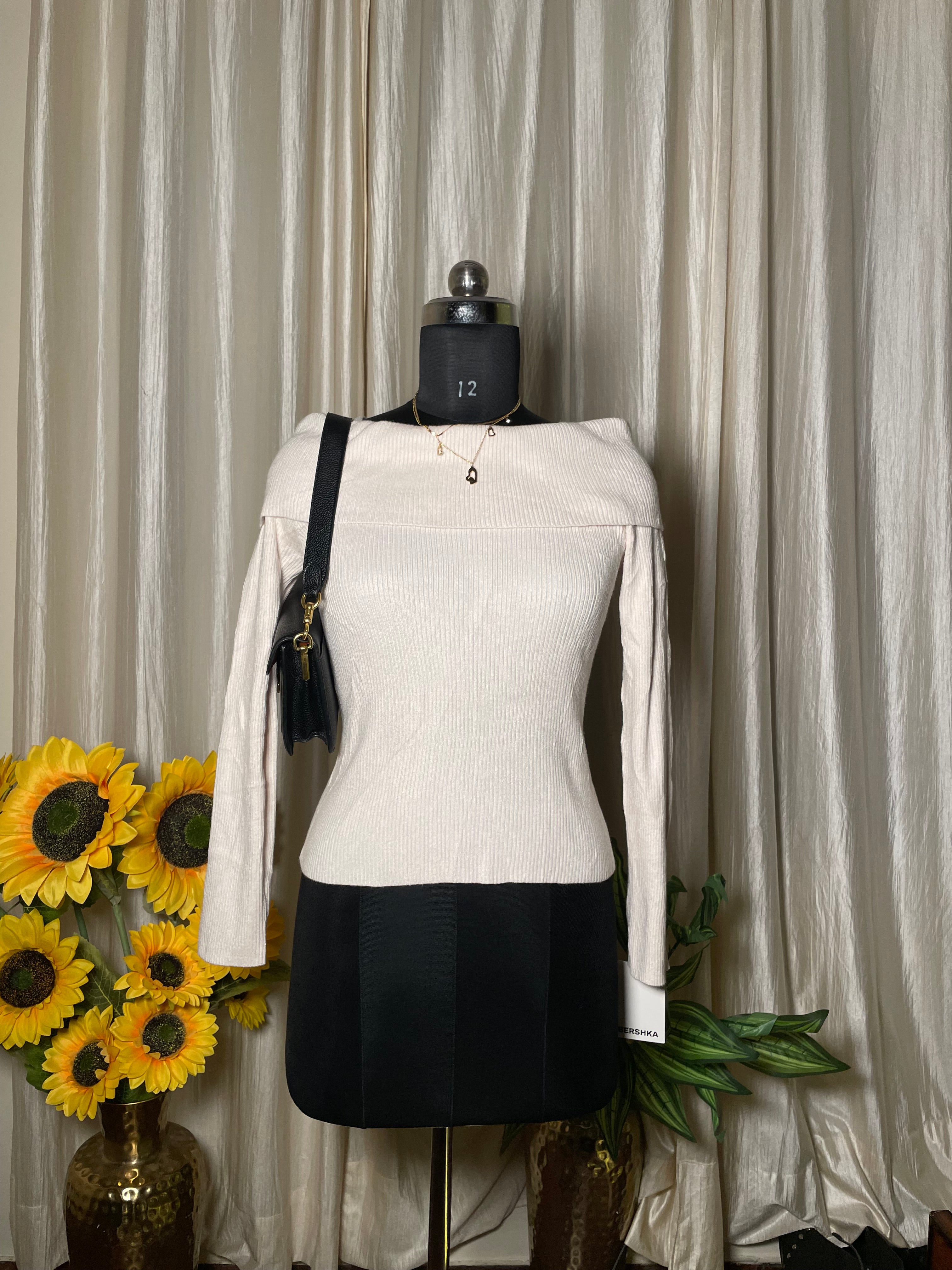 Champagne Off-Shoulder Ribbed Knit Top