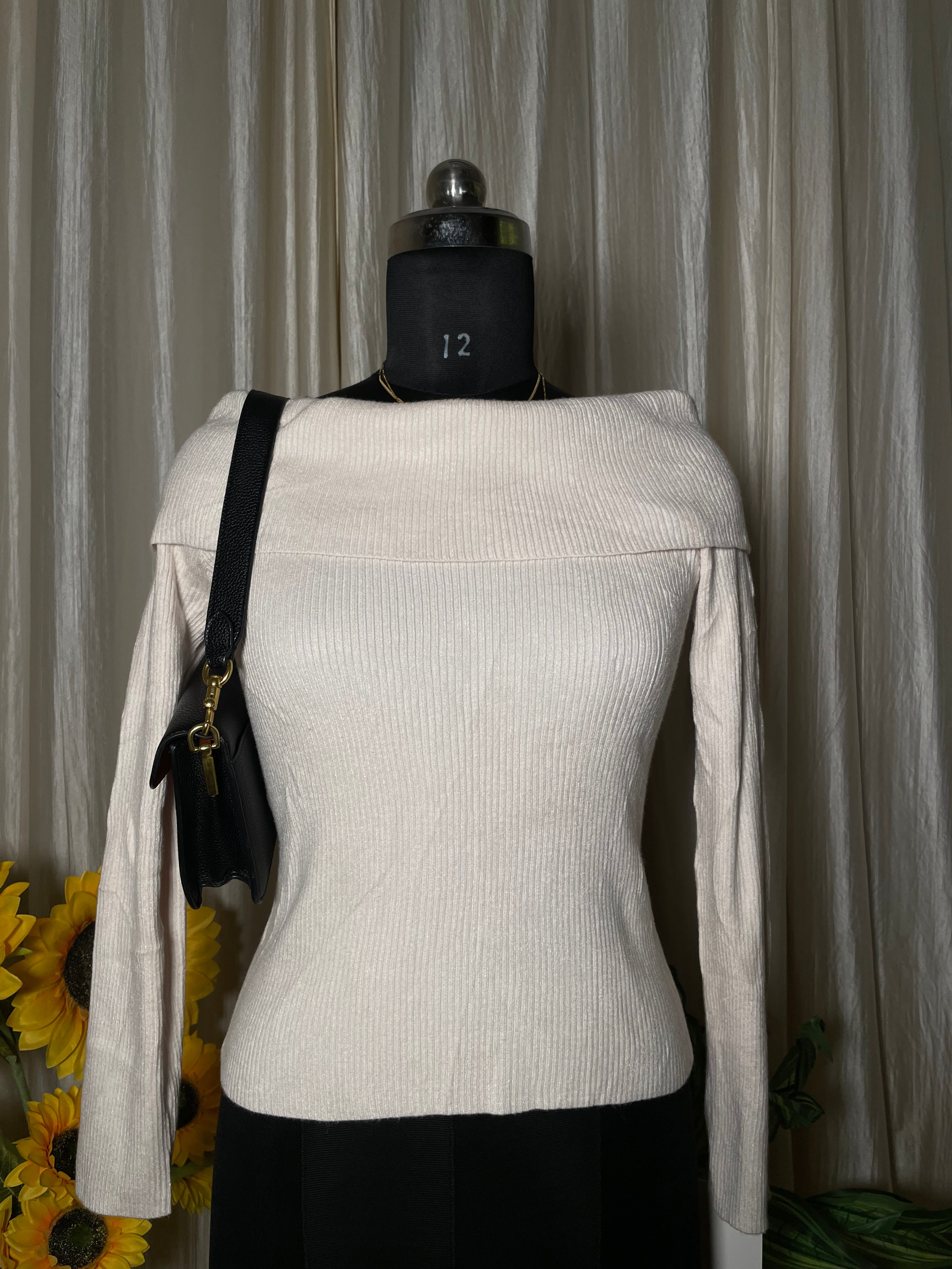 Champagne Off-Shoulder Ribbed Knit Top