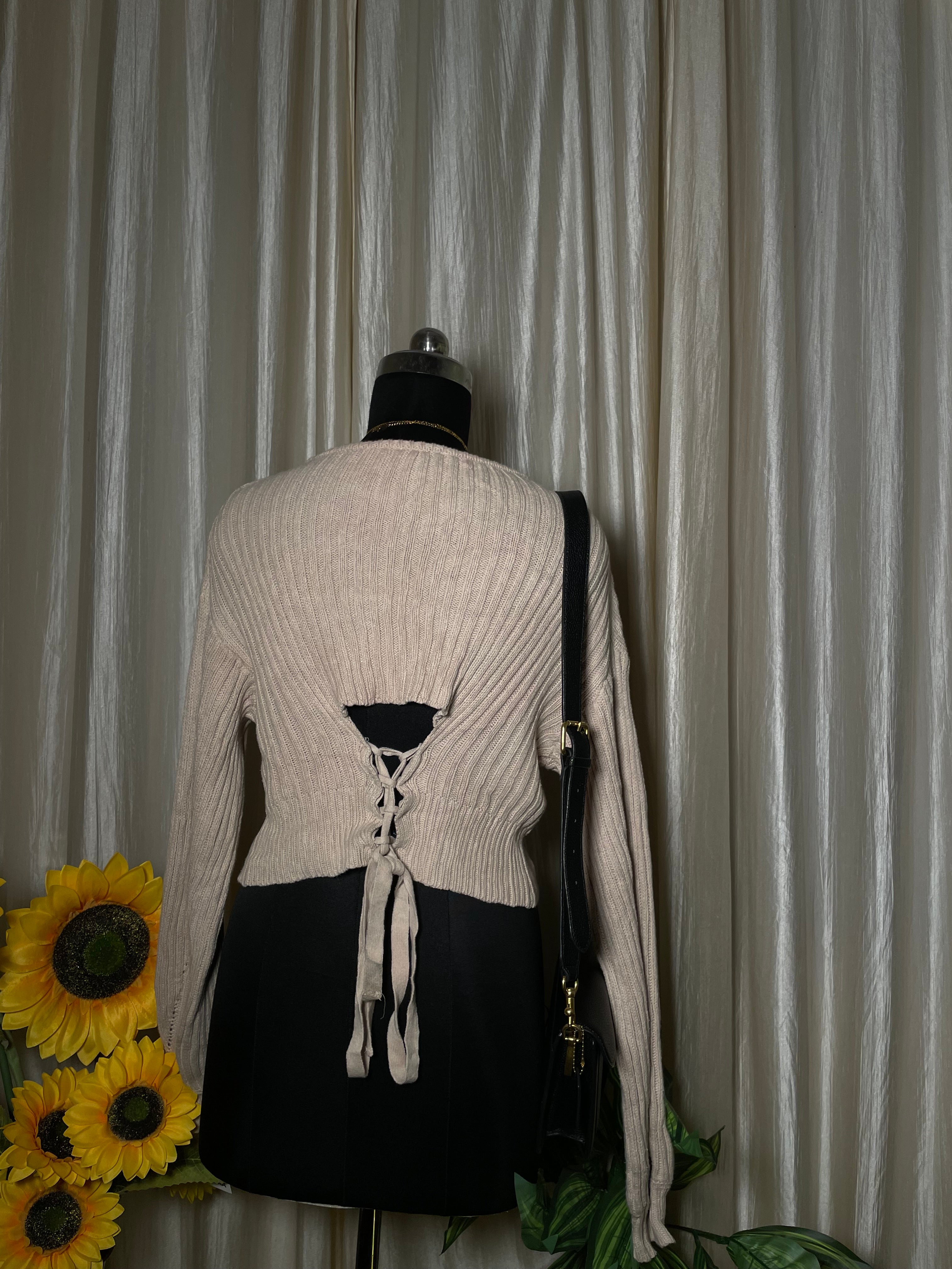 Beige Ribbed Knit Top with Back Lace-Up Detail