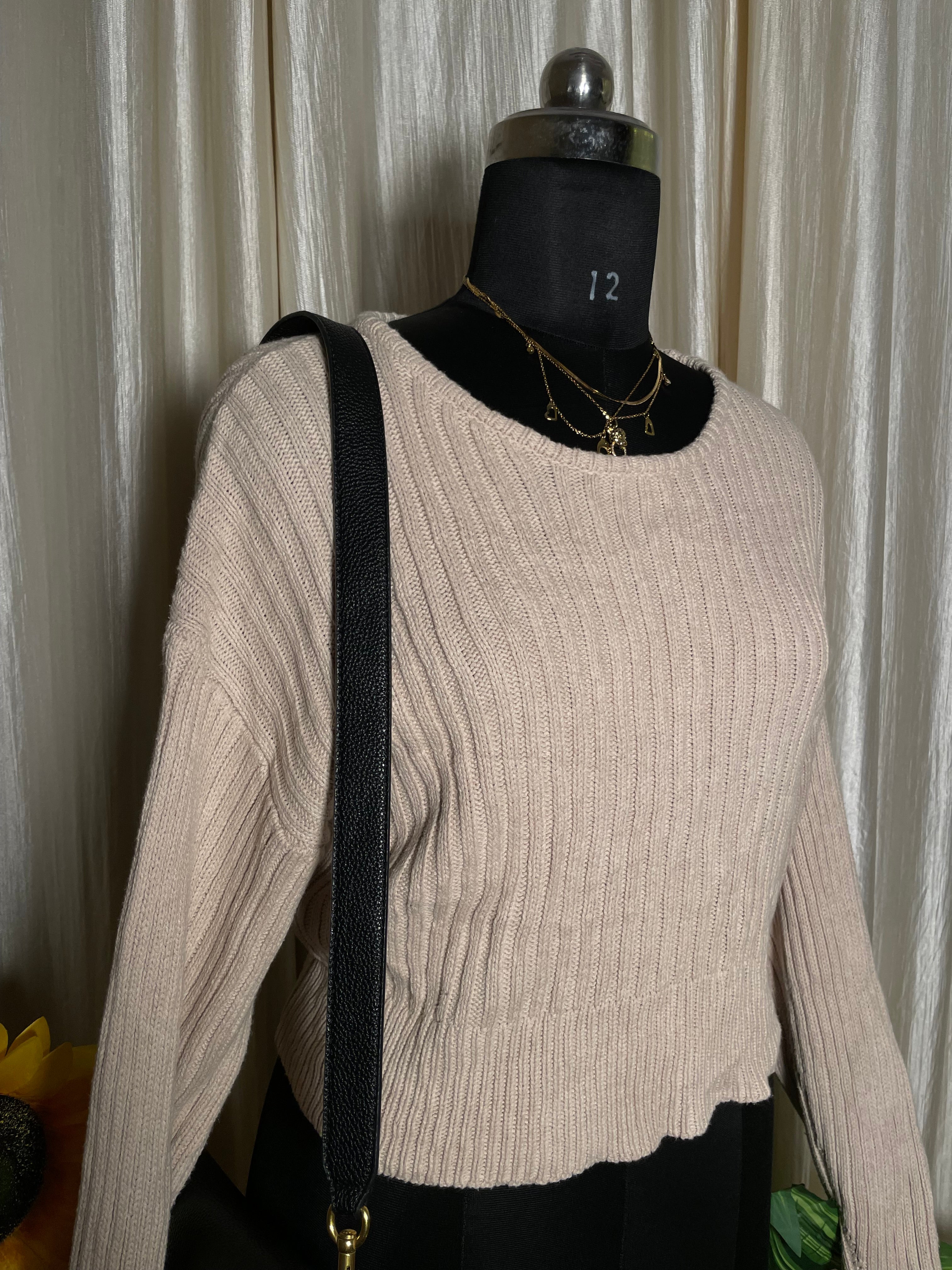 Beige Ribbed Knit Top with Back Lace-Up Detail