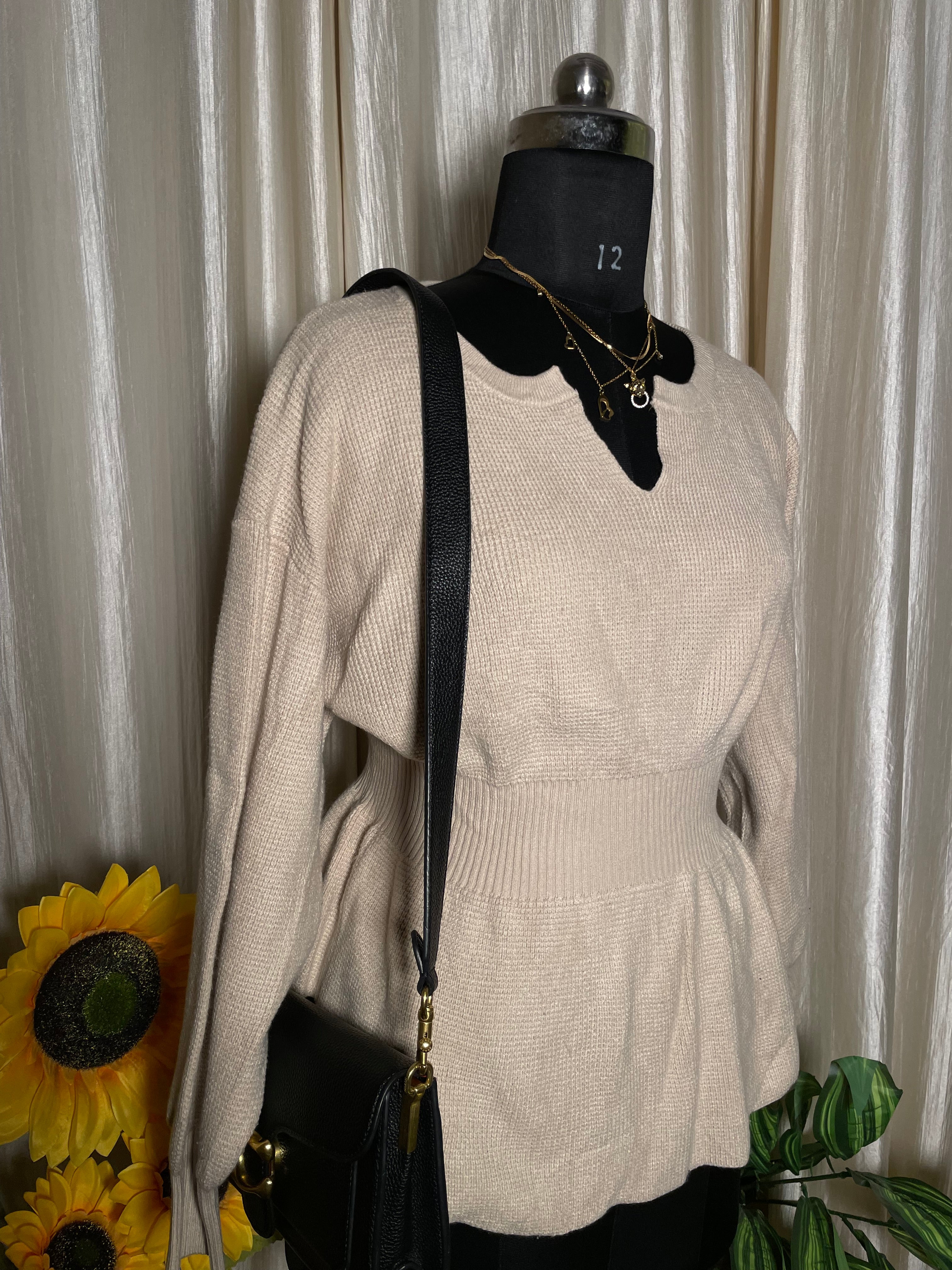 Beige Peplum Knit Top with Scoop Cut-Neck