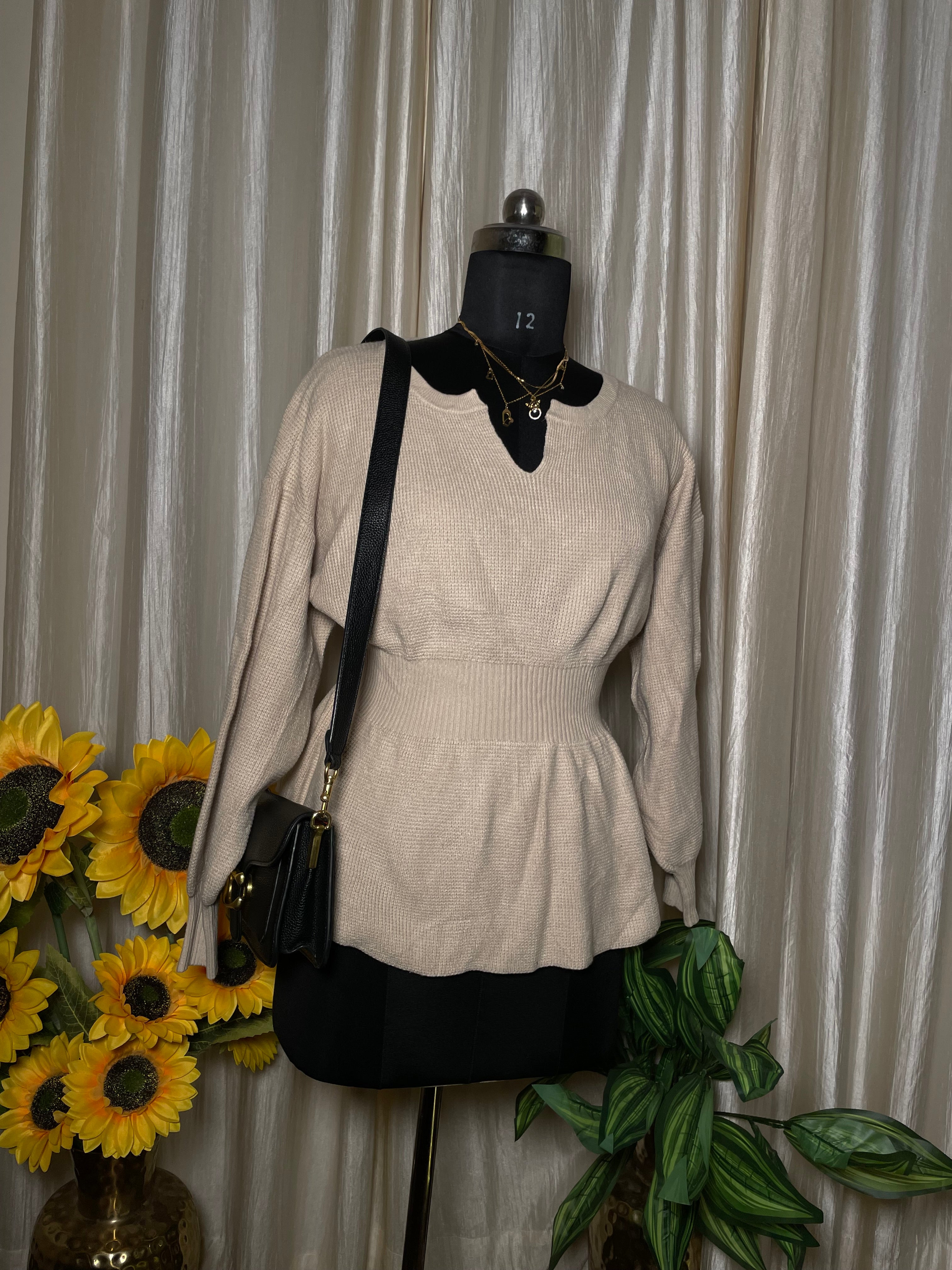 Beige Peplum Knit Top with Scoop Cut-Neck
