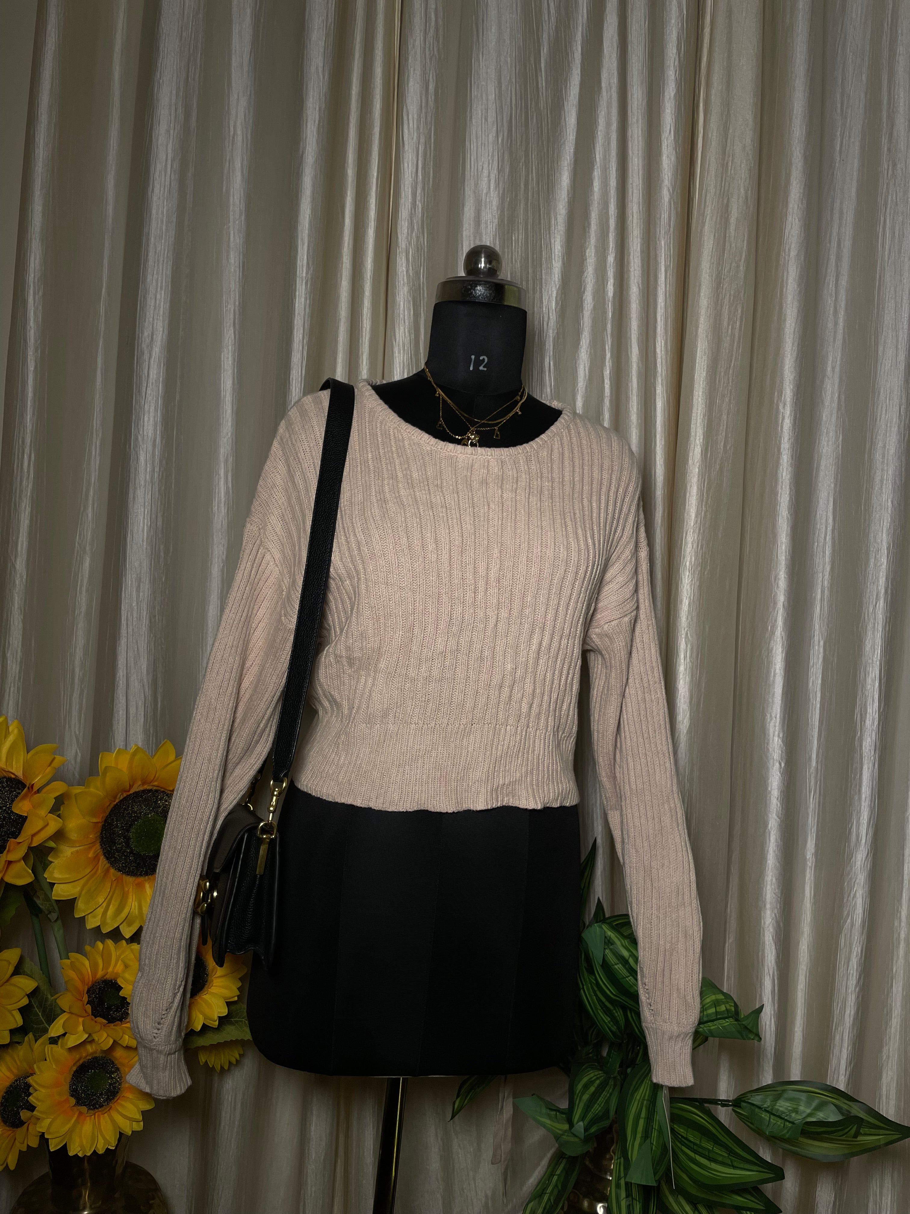 Beige Ribbed Knit Top with Back Lace-Up Detail